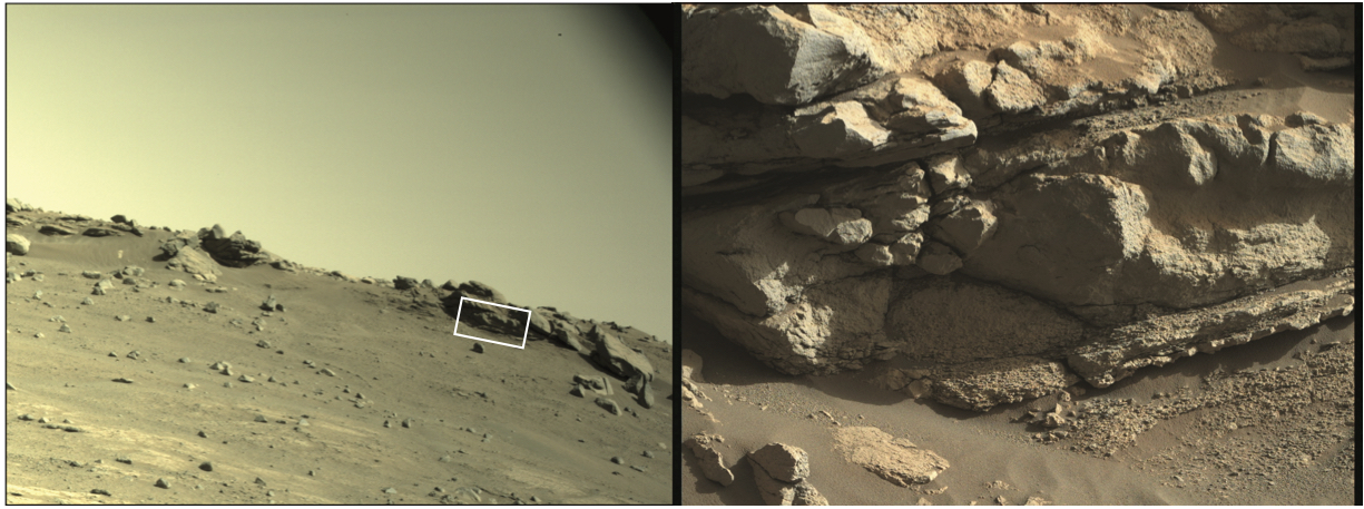The Navcam image shown on the left was taken from “Roubion” looking toward “Mure,” where strata were seen in the distance, particularly in the lower section of the rocks just right of center.